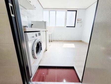 玄関の入り口から部屋の中を見た様子。左手前にキッチンと洗濯機があり、奥の窓からの光で部屋全体が明るく見えます。