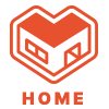 この画像は、「HOME」という文字が表示されたアイコンです。アイコンの上部にはオレンジ色のハートと家のデザインがあり、下部には太字で「HOME」という文字があります。このデザインは、ホームに関連する情報を示しています。