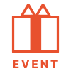 この画像は、「EVENT」という文字が表示されたアイコンです。アイコンの上部には、オレンジ色の二つの贈り物の箱が描かれています。下部には太字で「EVENT」という文字があります。このデザインは、イベントに関する情報を示しています。