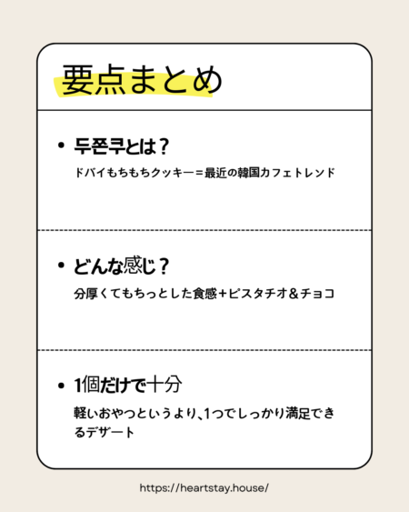 ドバイもちもちクッキーの要点まとめ画像。韓国カフェトレンドであること、分厚くもちっとした食感、ピスタチオとチョコの組み合わせ、1個で満足感が高い点を箇条書きで紹介。