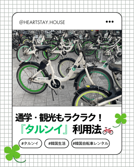 中央に緑色の自転車（タルンイ）の写真写真があり、その下に通学・観光もラクラク！タルンイ利用法と対ロるの記載がある。