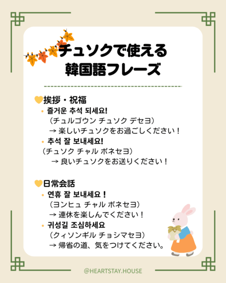 チュソクで使える韓国語のフレーズ4つを記載