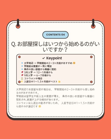 「お部屋探しはいつから始めるのがいいですか？」という質問について解説したカード。大学周辺では学期開始の2〜3ヶ月前から探すのがおすすめであること、需要増加による家賃上昇傾向、入学時期別の目安、コシウォンは入居日の1〜1.5ヶ月前が適切である点がまとめられている。