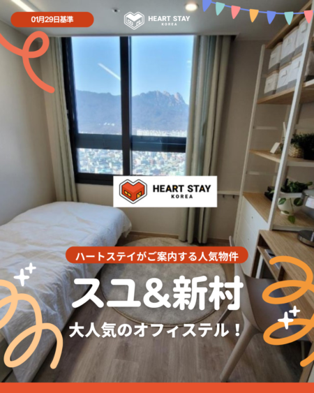 大きな窓から山とソウル市内を一望できる、スユ＆新村の人気オフィステル室内（ハートステイコリア紹介物件）