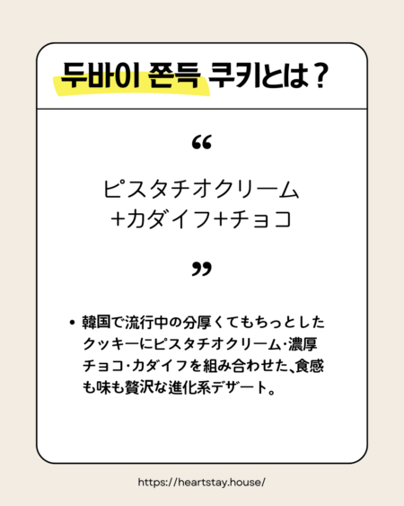 韓国で話題の「ドバイもちもちクッキー」を紹介するデザイン画像。ピスタチオクリーム、カダイフ、濃厚チョコを組み合わせた進化系デザートの特徴をシンプルにまとめている。