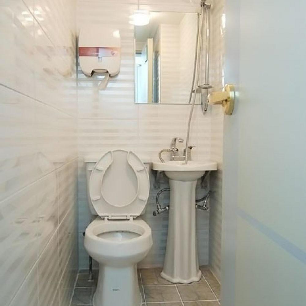 トイレの内部が映った写真。右側にはドアがあり、左側には洗面台とトイレットペーパーが置かれた壁があります。トイレは白色で、シンプルなデザインです。壁は明るい色合いで、鏡が取り付けられています。